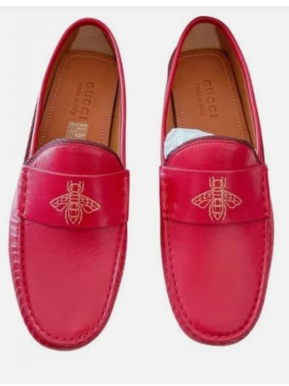 Gucci Kanye Web Trim Red Leather Bee Detailed Drivers Loafers NIB w/COA Size 10